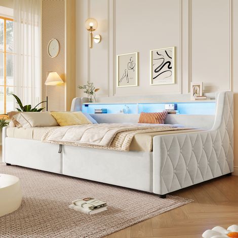 Lit coffre 90x200 cm avec coffre hydraulique LED et tête de lit rembourrée lit simple avec rangement en flanelle beige (1/5)