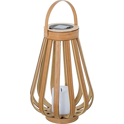 Lampe solaire de table ou sol en bois et métal naturel et noir avec bougie LED 23 x 23 x 40 cm (1/4)