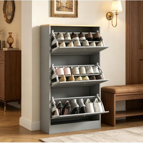 Mobile portascarpe 60×23,5×115 cm in truciolare grigio, 3 ante a ribalta salvaspazio – MEUBLIV (1/5)