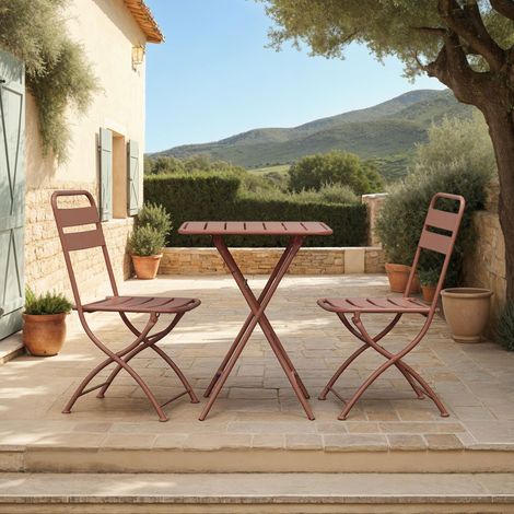 Ensemble table + 2 chaises de jardin pliable en métal terracotta - BACA