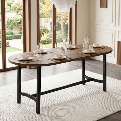 Tavolo da pranzo 180x80 cm per 6-8 persone, angoli arrotondati, struttura in metallo stabile, MDF - noce (1/5)