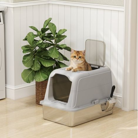 Litière pour chat en acier inoxydable avec double entrée, couvercle, pelle à litière, pour chats jusqu'à 8 kg (1/5)