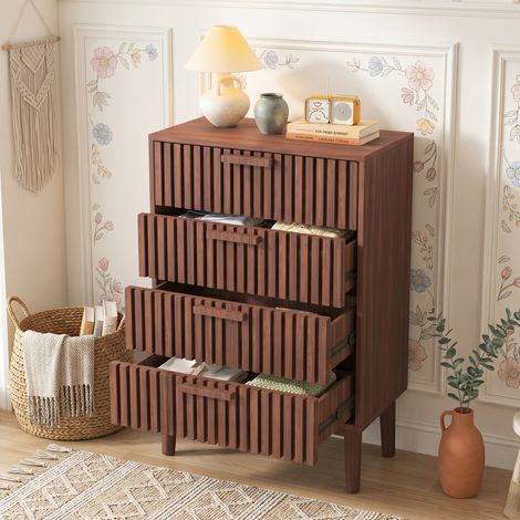 Commode Bois avec 4 Tiroirs 60 cm - Commode de Chambre Poignées et pieds en bois – Style scandinave, Marron (1/5)