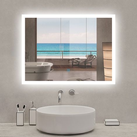 Acezanble Miroir lumineux rectangulaire 80x60cm,3 couleurs + dimmable + anti-buée + mémoire, miroir salle de bain