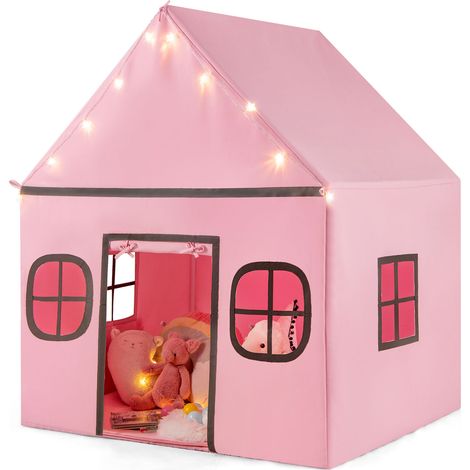 COSTWAY Kids Play Tent Large Playhouse w/ Door Curtain & Windows-Pink + Grey (1/5)