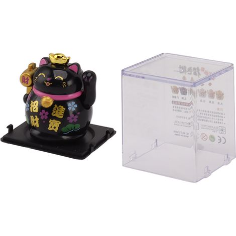 Figurine de chat porte-bonheur à panneau solaire de 5 cm (2 pouces) pour table ou étagère, noire (1/5)