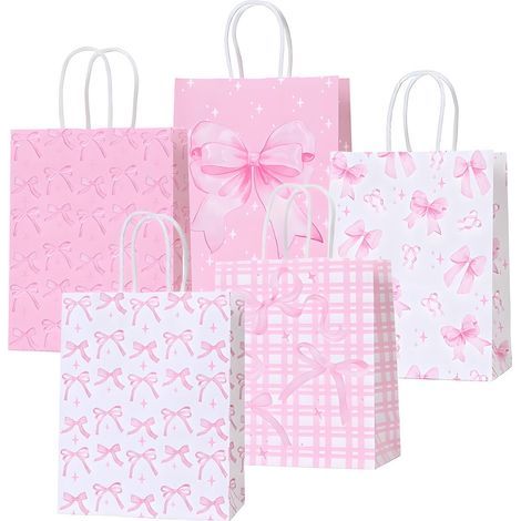 Lot de 5 Ruban Rose Sac Cadeau, 21 x 15 x 8 cm Sac Kraft Avec Poignée, Pochette Cadeau Avec Poignées, Sacs Cadeaux Pour Anniversaire Enfant, Mariage, Baby Shower, Fête (1/5)