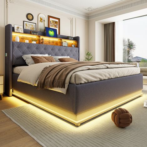 CHICFURN lit enfant capitonné avec rangement éclairage intégré et dossier réversible rose 90 x 200 cm (1/5)