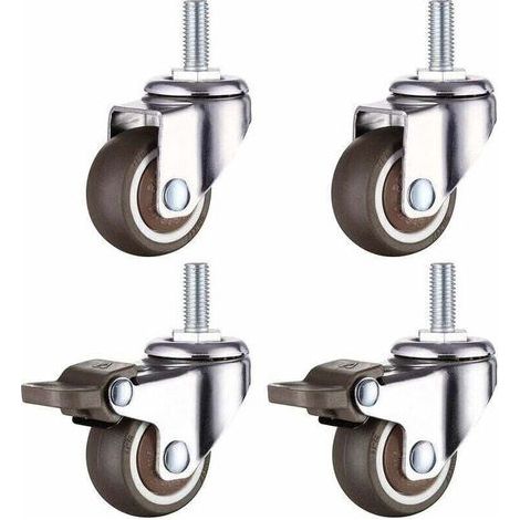 Heavy-Duty Swivel Caster in Rubber with M8 Threaded Stem for Hand Trolley, Work Tables, Furniture Wheels, 1.5 inch, Thread Diameter: 8mm, Length 20mm, 2PCS with brake + 2PCS without brake (1/4)