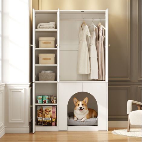 Armoire haute 120 x 50 x 200 cm avec penderie et niche pour animal, meuble de rangement blanc en MDF (1/5)