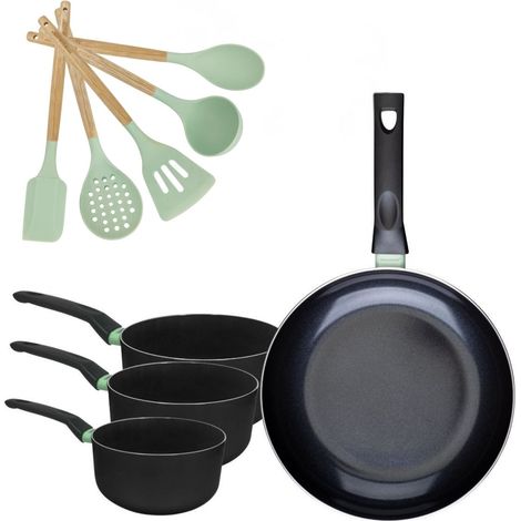 Lot Poêle 30cm et 3 Casseroles 16/18/20cm Fackelmann Brandao avec 5 ustensiles Océan (1/5)