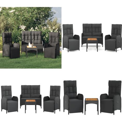 Juego comedor jardín 4 piezas con cojines ratán sintético negro - Sillas de jardín - Banco de jardín