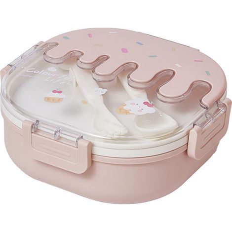 Boîte à lunch Bento pour enfants et adultes, 3 compartiments, en plastique rose, avec fourchette et cuillère, idéale pour l'école, le travail et les voyages. (1/5)