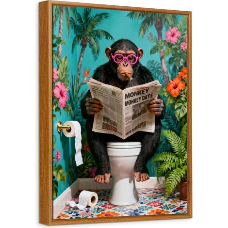 Singe Tableau Encadrée Poster Mural Peinture Impression sur Toile Image Affiche Gorille Amusante Lisant le Journal sur les Toilettes Tableau Decoration Murale Salon Salle de Bains WC 40x60cm (1/5)