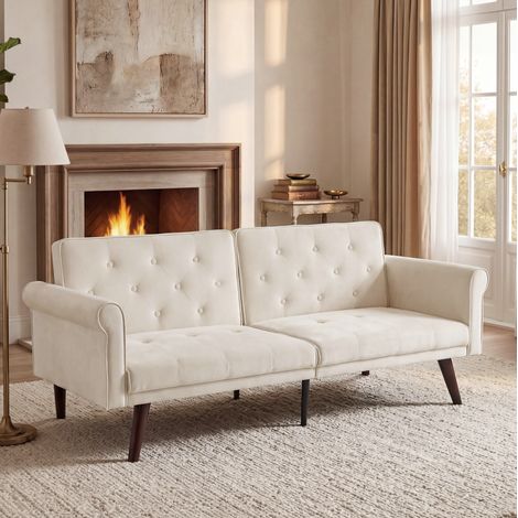 Divano letto 2 posti 172 x 89 x 70 cm, schienale regolabile 5 posizioni, velluto beige HAVRYA (1/5)