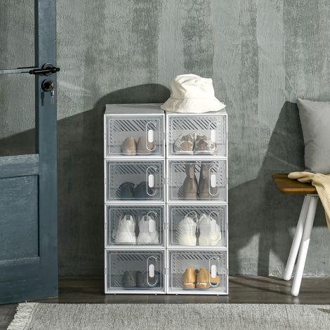 Modulares Schuhregal aus PP mit 8 Aufbewahrungsfächern und Magnettür, 25 x 35 x 19 cm, weiß und transparent