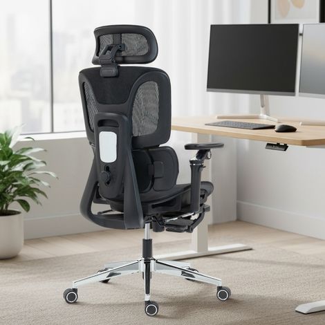 Silla de oficina ergonómica de malla negra 71×67×114-133 cm con reposapiés – MEUBLIV (1/5)