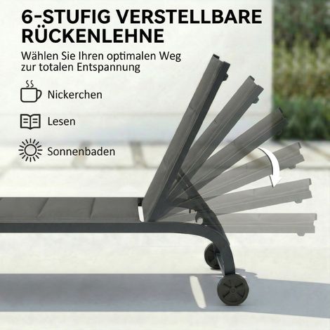 Chaise longue extérieur respirante transat à dossier inclinable 6 positions, roues pivotantes, cadre aluminium, gris anthracite