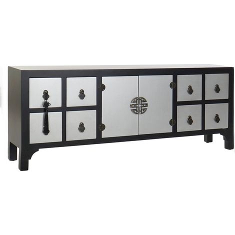 Meuble TV oriental noir élégant avec rangements - Noir et argenté (1/5)
