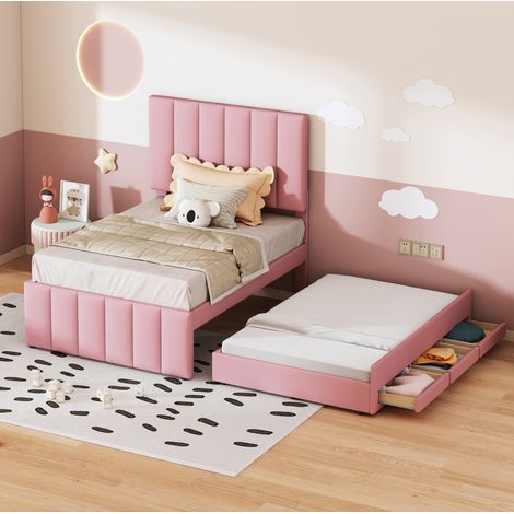 Cama juvenil tapizada con nido y cajones rosa OKMYHOME (1/5)