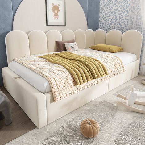 3FT Single Storage Daybed with Metal Slatted Bed Frame, 90x190cm Velvet Sofa Bed for Guest Rooms/Small Apartments(Mattress Not Included), Bed with Hydraulic Storage, Beige