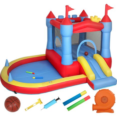 Castello gonfiabile area giochi per giardino 342 x 255 x 209 cm con scivolo e tappeto elastico design decorativo in poliestere blu 210000409