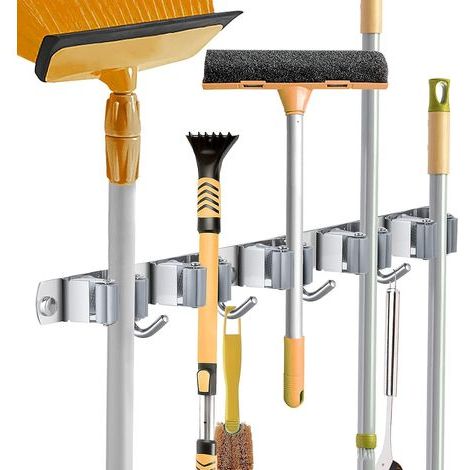 Accroche Balai Mural, Porte Balais en Acier inoxydable, Support Cintre de Rangement pour Cuisine, Buanderie, Organisation du Garage (5 Emplacements et 4 Crochets) (1/4)