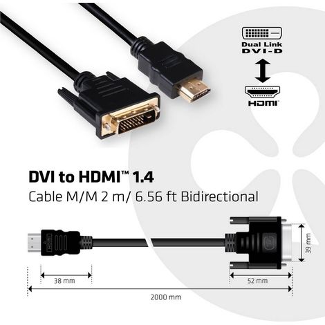 Câble adaptateur club3D DVI / HDMI Fiche mâle DVI-D 24+1 pôles, Fiche mâle HDMI-A 2.00 m noir CAC-1210 ignifuge Câble D (1/3)