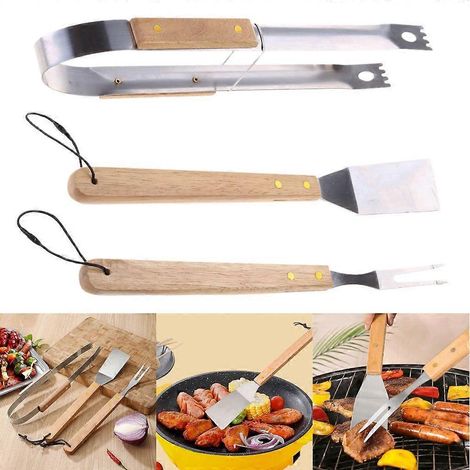 Ensemble d'ustensiles de barbecue en acier inoxydable avec manche en bois, facile à utiliser (1/4)