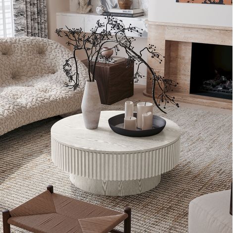 Tavolino da caffè con contenitore, design a fungo scanalato, uso multifunzione, legno massello e MDF, bianco retrò (1/5)