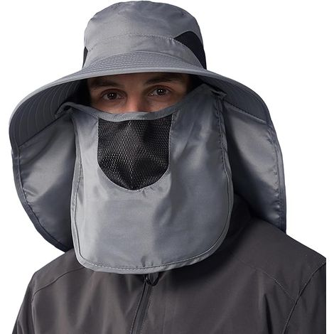 Chapeau de Soleil d'Extérieur Gris Foncé avec Protection Amovible du Visage et du Cou – Visière Extra Longue, Ventilation et Protection UV (1/5)