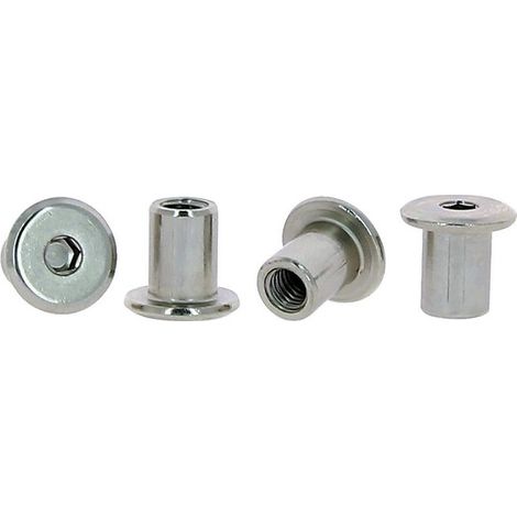 Écrous douille tête plate 6 pans creux en acier nickelé - M6, boîte de 100 pièces