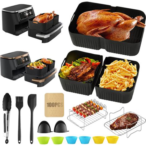 Zubehörset für Heißluftfritteusen (20-teilig), große Silikonformen, kompatibel mit Ninja Foodi Flex 10,4 l AF500EU (1 x 10,4 l + 2 x 5,2 l), Silikonform für Heißluftfritteusen, Grill