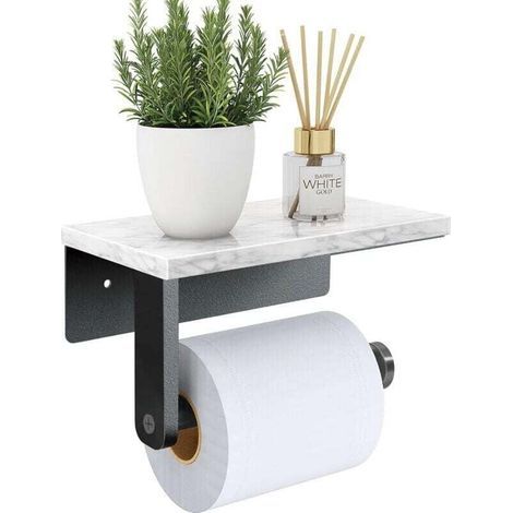 Porte-papier toilette en marbre avec étagère, fixation murale par vis en acier inoxydable 304, noir mat (1/5)