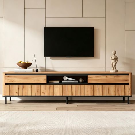 Fernsehschrank 180x40x52cm, TV Lowboard, TV Schrank, mit 2 Schubladen & 2 Klapptüren, 6 Metallfüße, bis 30kg Belastbar, Modern TV Board für Wohnzimmer,Unterhaltungszentrum für 75 Zoll,Naturholzfarbe (1/5)