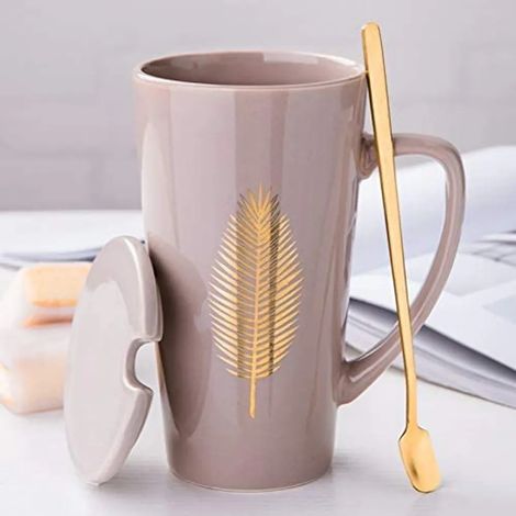 MINKUROW Große Teebecher 500ml, Stylische Kaffeetasse mit Deckel und Löffel, Kaffeetasse aus Keramik für Freunde und Familie als Überraschungsgeschenk (Grau) (1/5)