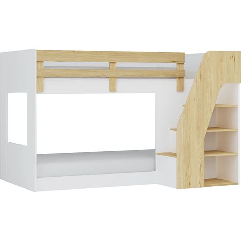 Vente-Unique – Lit superposé 90 x 190 cm – 4 niches de rangement – Sommier plancher – Charge maximale 80 kg – Blanc et naturel (1/5)