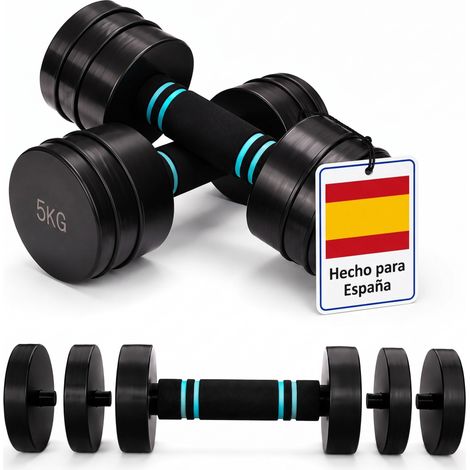 Relaxdays Mancuernas ajustables 5 kg c/u, set negro, agarre de espuma EPE, para gimnasio en casa (1/5)