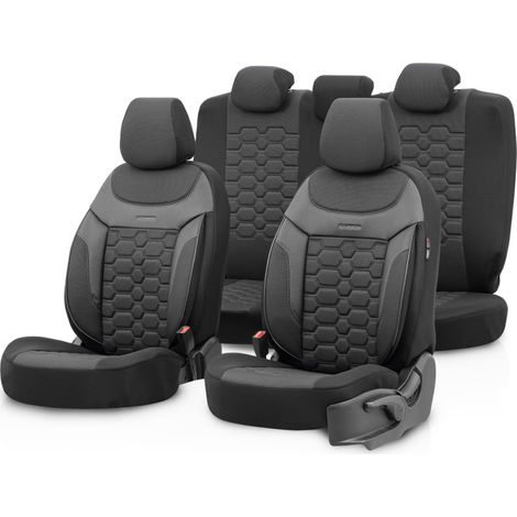 Komplett-Set Luxuriöse Sitzbezüge OTOM – Textil mit Kunstleder, CARBON-Design – Schwarz mit grauer Naht, für Vorder- und Rücksit