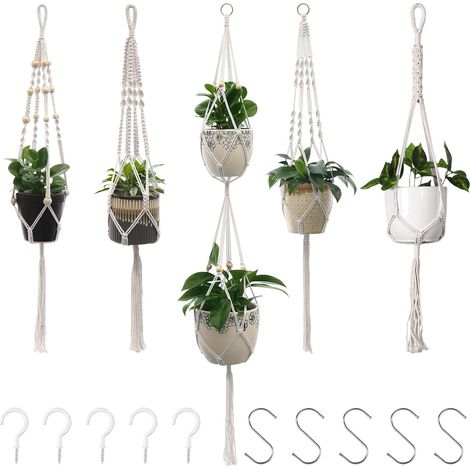 Supporto e mensola per piante, appendino per piante in macramè, vaso da fiori sospeso, vaso sospeso in corda di cotone, set da 5 (1/5)