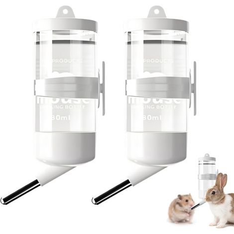 Set of 2 Rabbit and Hamster Bottle 80 ml, Automatic Ball Drinking Bowl for Cage, Rabbit Drinker, Water Dispenser for Guinea Pig, Dwarf Rabbit and Small Rodents, Practical Rabbit Accessory (1/5)
