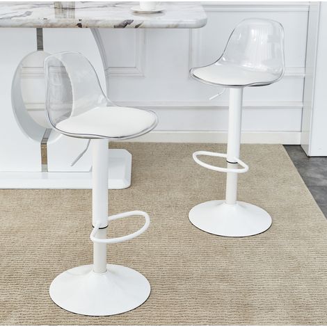 Lot de 2 tabourets de bar, réglables de 82-104 cm, dossier transparent en plastique, pieds métal blancs, pivotants à 360°, repose-pieds FLORAGRACE (1/5)