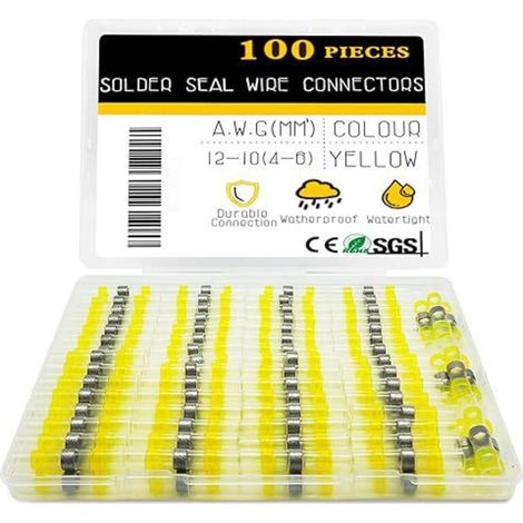 Lot de 100 connecteurs thermorétractables jaunes, 12–10 AWG, connecteur bout à souder automatique, connecteurs de fil à souder étanches, bornes de fil d'épissure bout à bout pour automobile et bateau