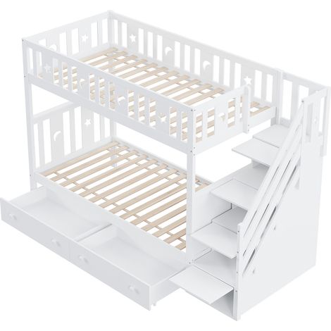 Letto a castello per bambini 90x200 cm con scala contenitore, 2 cassetti, bianco (1/5)