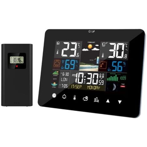 Station Météo avec Intérieure Extérieure Capteur sans Fil Station Météo de lever et coucher du soleil Réveil Thermomètre Hygromètre Opération d'écran tactile avec capteur extérieur sans fil