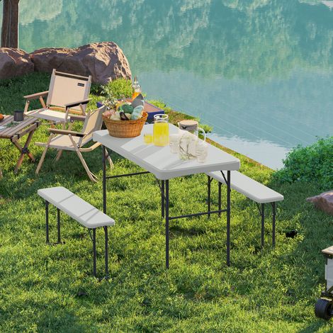 Ensemble Table Pliante & Bancs de Pique-Nique 113cm - Poignées de Transport Inclus, Gris Clair & Blanc