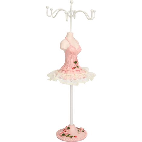 Présentoir à bijoux rose en résine représentant une robe de princesse, idéal pour boucles d'oreilles et colliers. (1/5)