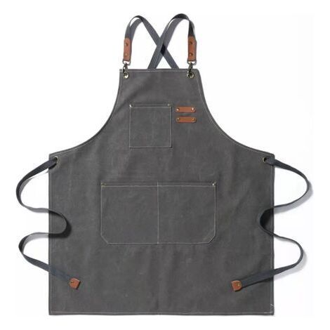 [JAMAIS UTILISÉ]Tablier de chef, tablier de jardinage en toile de coton avec grandes poches pour hommes et femmes, bavoir de cuisine, tablier de jardin réglable robuste-Gris (1/4)