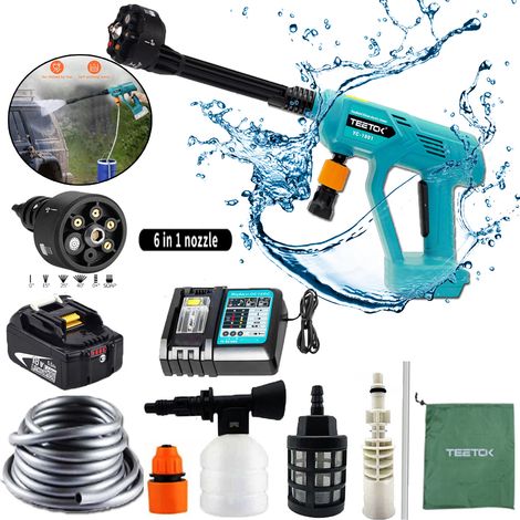Benzin-Hochdruckreiniger, kabelloser Akku-Hochdruckreiniger, Auto-Hochdruckreiniger, Strahlwasser, 6-in-1-Düse, mit 5,5-A-Akku + Ladegerät DC18RC, kompatibel mit Makita 18 V Akku BL180