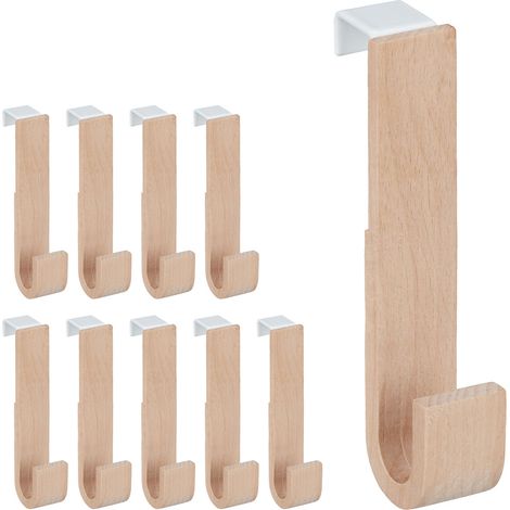 Ganchos Puerta Set 10 Madera y Hierro, Chaquetas, Toallas, Colgadores Pasillo, 13x2,5x6 cm, Blanco y Natural (1/5)